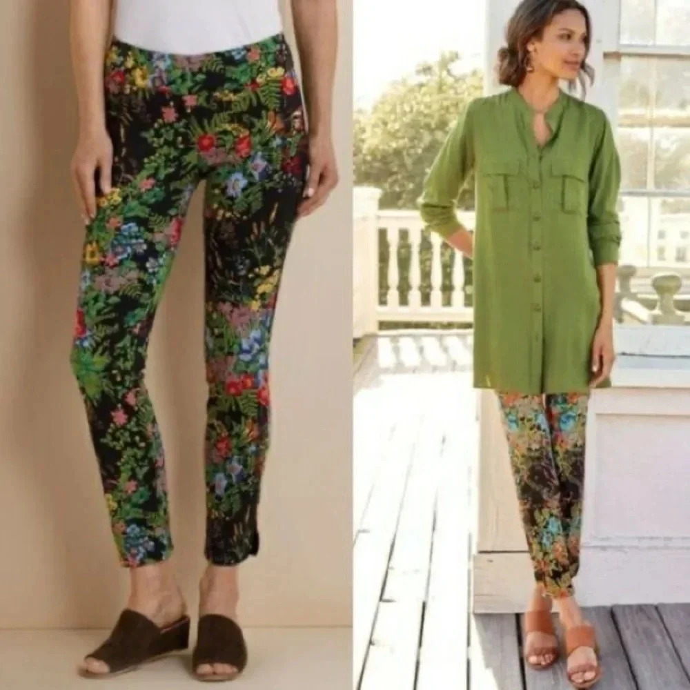 Soft Surroundings Floral In Blooms Pants Size Medium Curved Split Hem